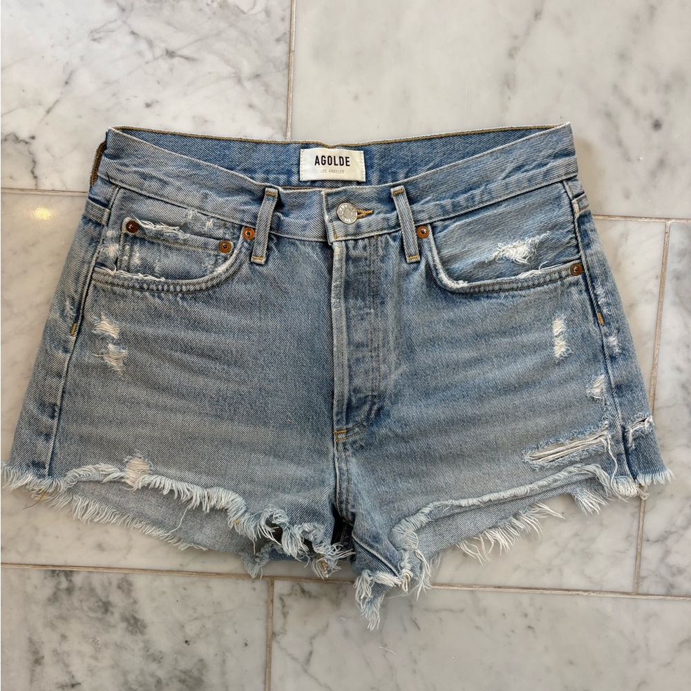Agolde Light Blue Frayed Hem Jean Shorts